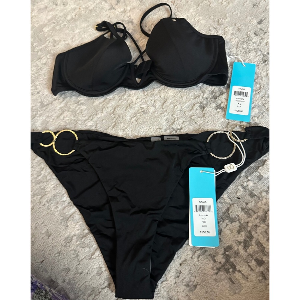 Beach Bunny NWT  Black Bikini Set XL Top & 16 Bottom Gold Ring Detail‎